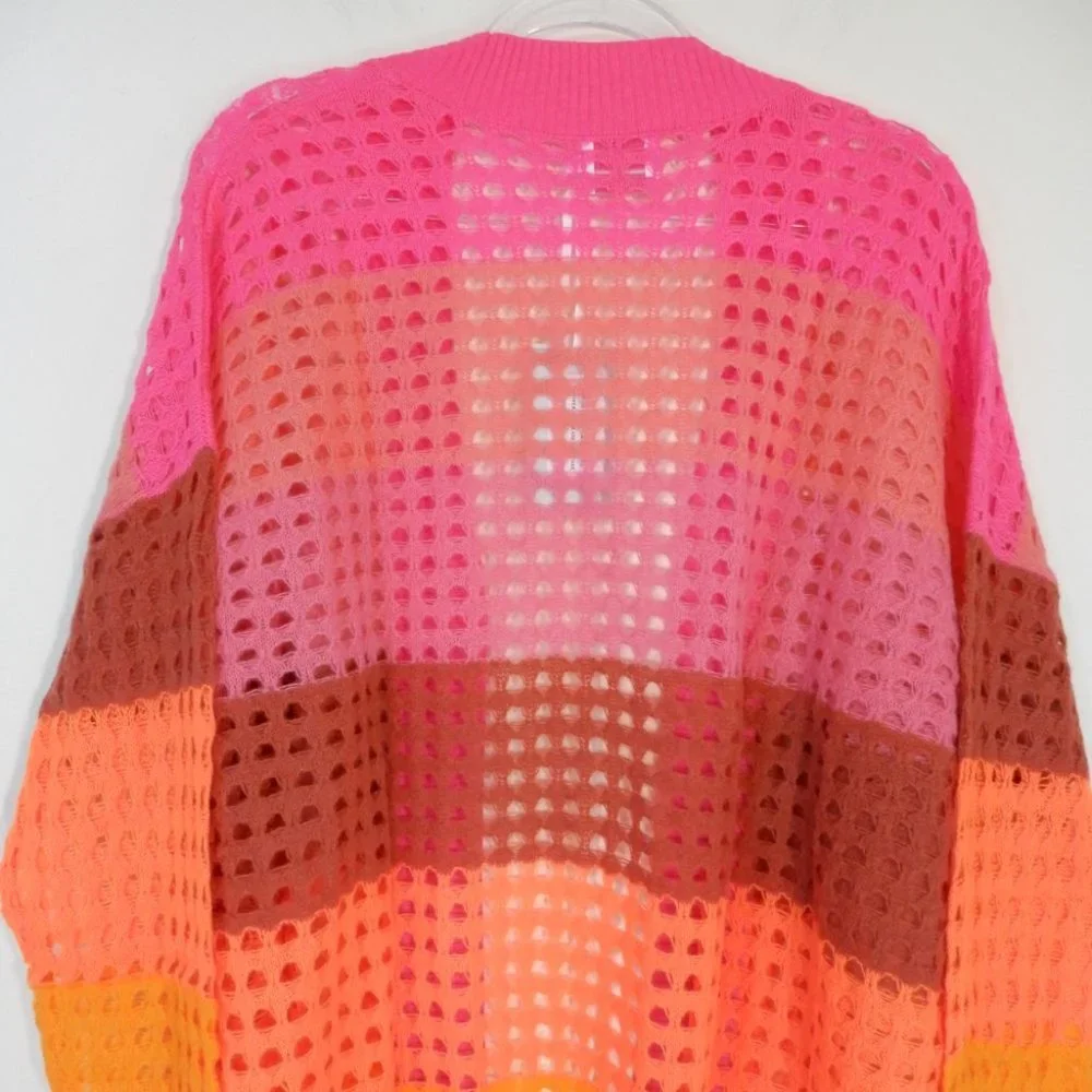 BRODIE CASHMERE Sunset Pointelle Knit Stripe CARDIGAN M L Neon Pink NEW $398 - Picture 9 of 11